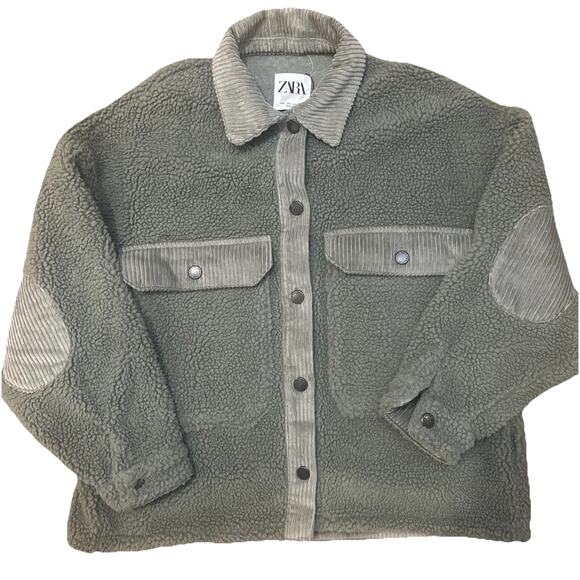 Zara Women's Green Sherpa Jacket With Pockets Size Large Corduroy Accents - Picture 1 of 11
